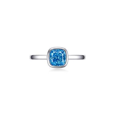 Aura Bezel Diamond Ring, Small Blue Cushion